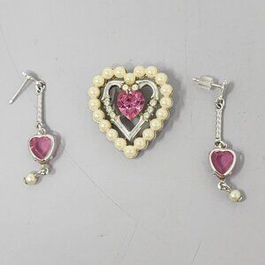 Heart-Shaped Avon Pendant & Earrings Set With Faux Pearls &‎ Pink Gems